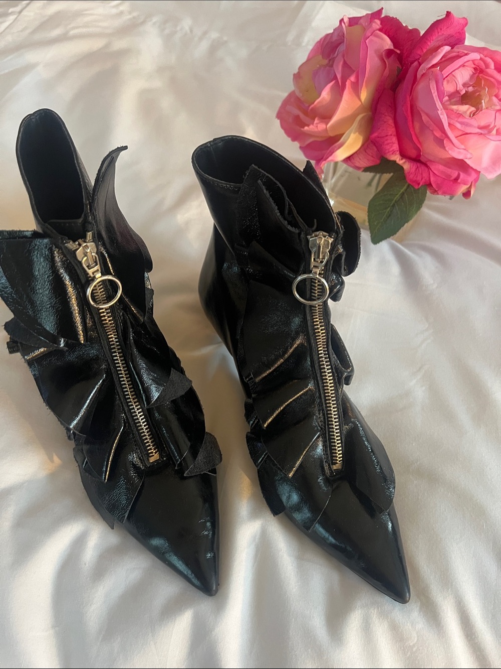 Zara Black Pointed Ruffle Front-Zip Ankle Boots